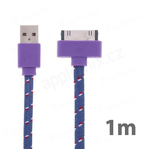 Synchronizační a nabíjecí kabel s 30pin konektorem pro Apple iPhone / iPad / iPod - tkanička - plochý fialový - 1m