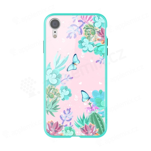 Kryt NILLKIN pre Apple iPhone Xr - guma / sklo - motýle a kvety - zelený