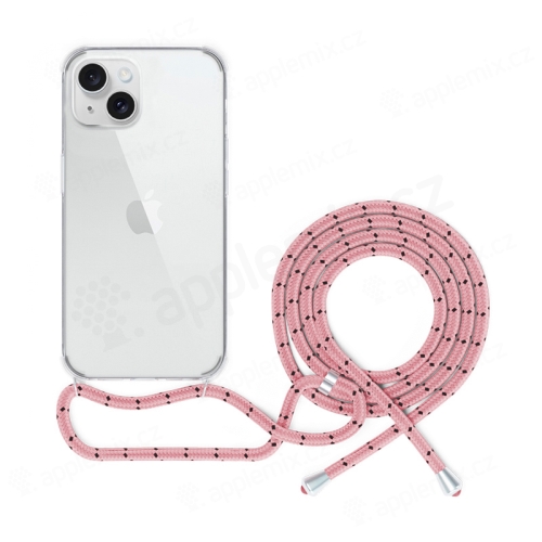 SPELLO Crossbody kryt pre Apple iPhone 15 - gumový - priehľadný - ružový kábel