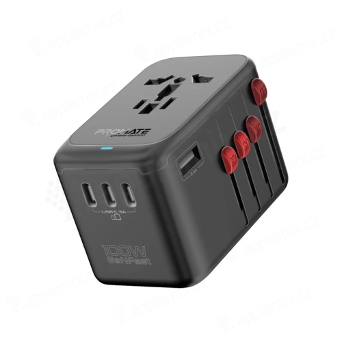 100W cestovný adaptér / nabíjačka PROMATE - EU / UK / USA / CN + USB-A + USB-C - čierna