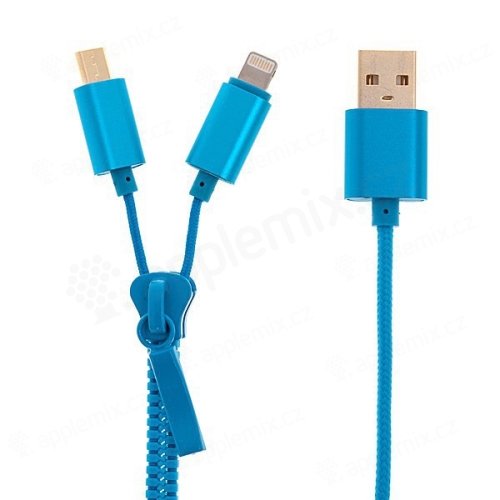 2v1 Synchronizační a nabíjecí kabel Lightning a micro USB pro Apple iPhone / iPad / iPod a další zařízení - zip - modrý - 90cm