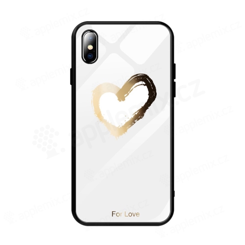 Kryt pre Apple iPhone Xs Max - Srdce "For Love" - guma / sklo - čierna / biela