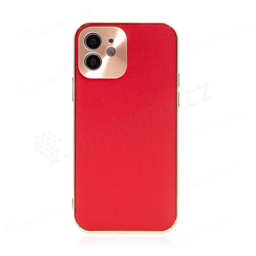 Kryt pro Apple iPhone 12 - kožený + pokovený povrch - červený / měděný