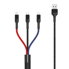 Synchronizační a nabíjecí kabel XO 3v1 - Lightning + USB-C + Micro USB - tkanička - černý - 1,2m