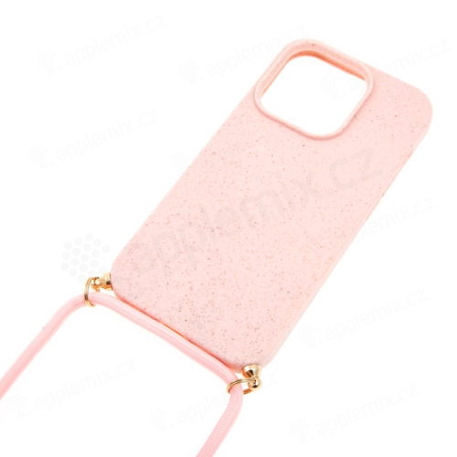 Kryt pro Apple iPhone 14 Pro Max - slaměné kousky - se šňůrkou - gumový - růžový