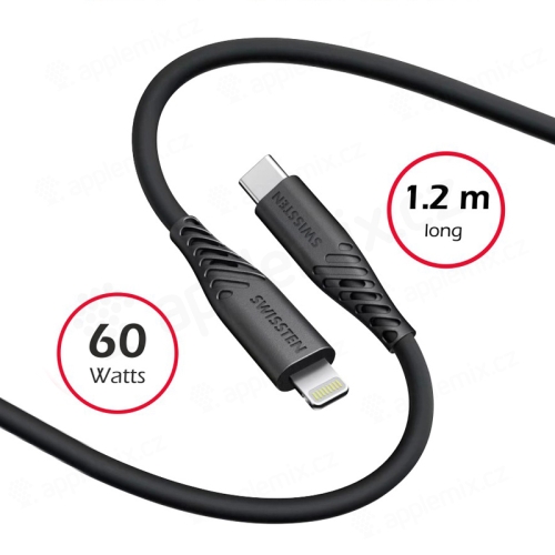 Mäkký silikónový nabíjací kábel SWISSTEN pre Apple iPhone / iPad - USB-A / Lightning - 1,2 m - čierny
