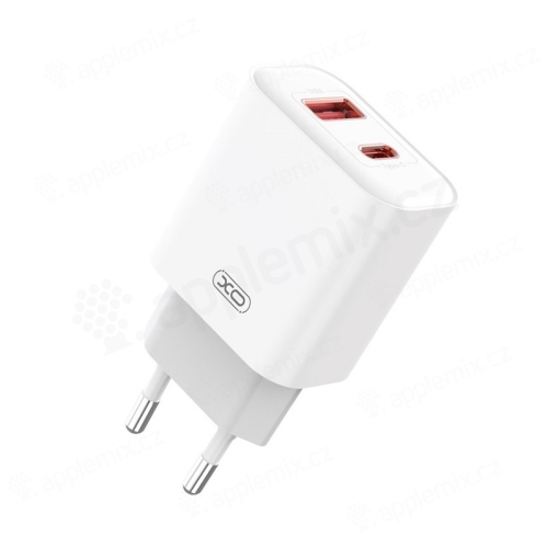 20W napájací adaptér / nabíjačka XO CE12 - USB-A + USB-C pre Apple iPhone / iPad - biely