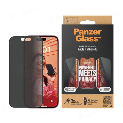 Tvrzené sklo (Tempered Glass) PANZERGLASS pro Apple iPhone 15 Plus - privacy - černý rámeček - 0,4mm