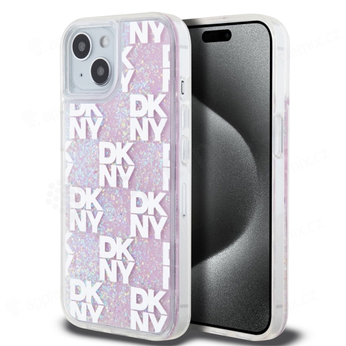 Kryt DKNY Liquid Glitter Checkered Pattern pro Apple iPhone 15 - růžový