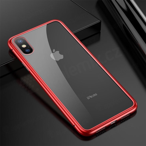 Kryt pro Apple iPhone X - magnetické uchycení - sklo / kov - průhledný / červený