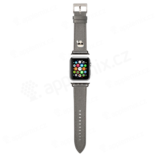 Remienok KARL LAGERFELD pre Apple Watch Ultra 49mm / 42mm / 44mm / 45mm - syntetická koža - hlava Karla - strieborný