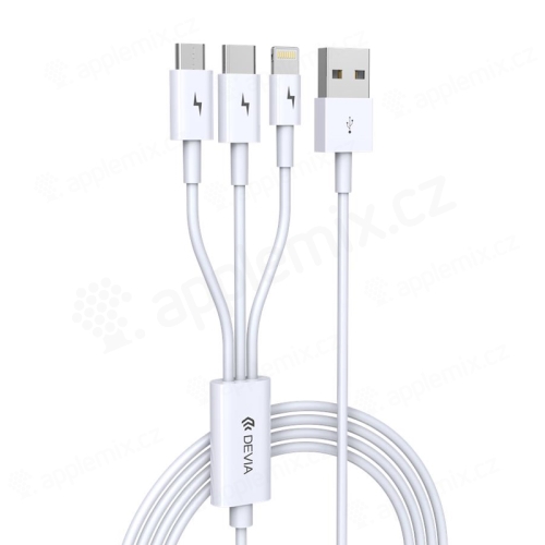 DEVIA Synchronizačný a nabíjací kábel 3 v 1 - Lightning + Micro USB + USB-C - biely - 1,2 m
