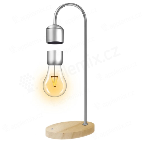 Stolná lampa s levitujúcou žiarovkou + bezdrôtová nabíjačka Qi - drevená / kovová - strieborná