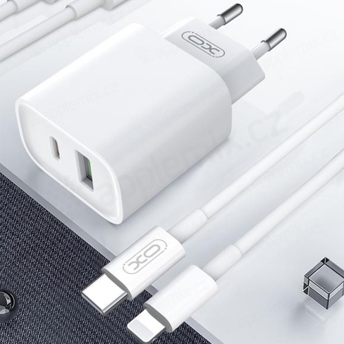 Nabíjecí sada XO pro Apple iPhone / iPad - EU adaptér USB-A / USB-C + kabel Lightning - 20W + 18W - bílá