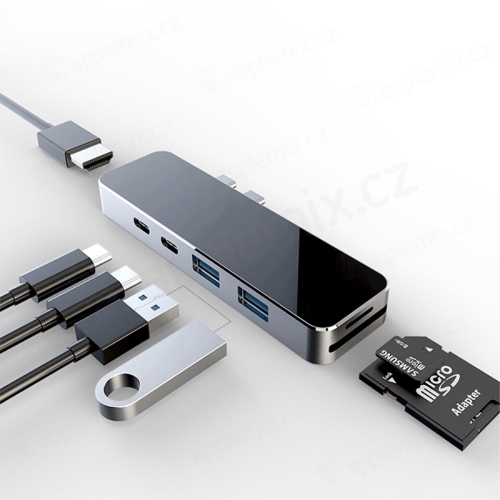 Dokovací stanice / port replikátor pro Apple MacBook Pro - 2x USB-C na 2x USB-C + 2x USB-A + SD + HDMI - šedá