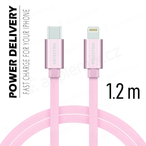 Synchronizační a nabíjecí kabel SWISSTEN - USB-C - Lightning pro Apple zařízení - tkanička - růžový - 1,2m
