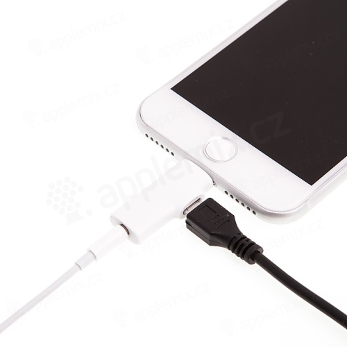 Redukce / adaptér audio jack konektor a Micro USB na Lightning konektor pro Apple iPhone - bílá