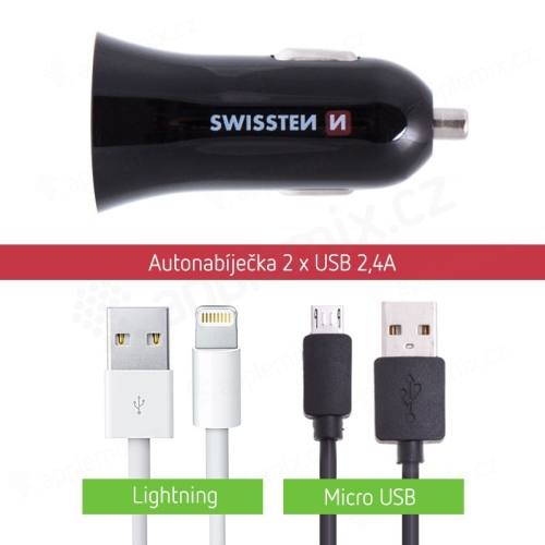 2v1 nabíjecí sada SWISSTEN pro Apple zařízení - MFi certifikovaný Lightning kabel (bulk) + Micro USB kabel - 2x USB 2,4A - černá