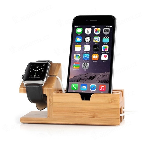 Stojánek pro Apple iPhone / iPod / Watch s USB HUB (3x USB port) - nabíjecí dřevěný