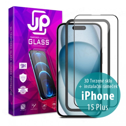 JP Tvrdené sklo pre Apple iPhone 15 Plus - Vhodné do puzdra + aplikátor - čierny rám