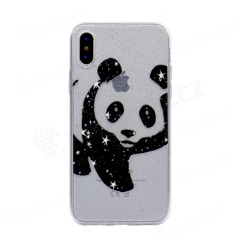 Kryt pro Apple iPhone X / Xs  - gumový - průhledný s třpytkami - panda s hvězdami