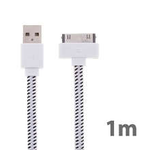 Synchronizační a nabíjecí kabel s 30pin konektorem pro Apple iPhone / iPad / iPod - tkanička - plochý bílý