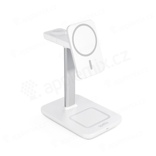 Stojan 3v1 / Qi nabíjačka SPELLO pre Apple iPhone / Watch / AirPods - MagSafe + 25W adaptér - biela