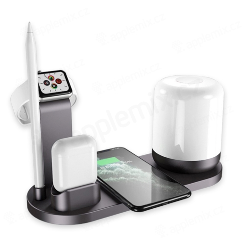 Stojan / bezdrôtová nabíjačka Qi 5v1 Apple iPhone + hodinky + AirPods + ceruzka + LED lampa - čierna