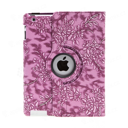 Pouzdro pro Apple iPad 2 / 3 / 4 - 360° otočný stojánek - květiny - fialové