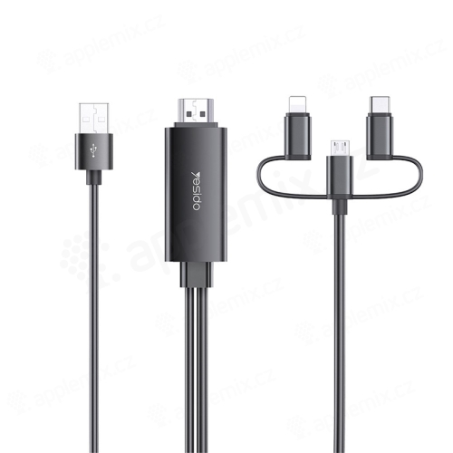 Propojovací kabel YESIDO Lightning / USB-C / Micro USB - HDMI + USB-A pro Apple iPhone / iPad a další zařízení - 1,8m - černý