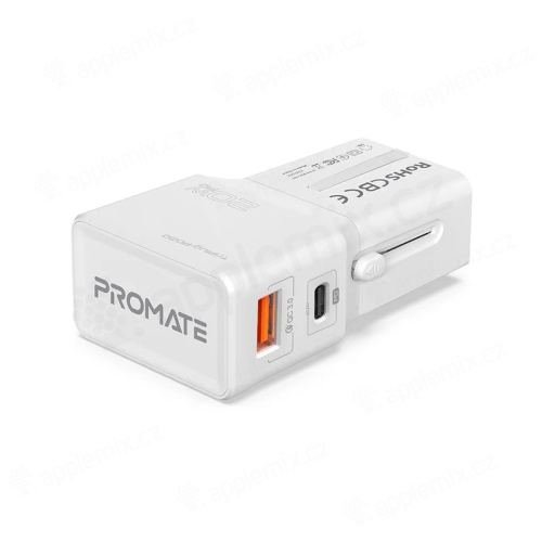 20W cestovný adaptér / nabíjačka PROMATE - EÚ / UK / USA / CN - USB-A + USB-C - biely