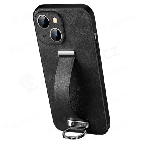 Kryt SULADA pre Apple iPhone 15 - remienok + krúžok - ochrana fotoaparátu - syntetická koža - čierny