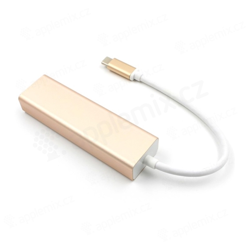 Adaptér / redukce USB-C na RJ45 1000Mbps / gigabit ethernet + 3x USB 3.0 - USB hub / rozbočovač - zlatý