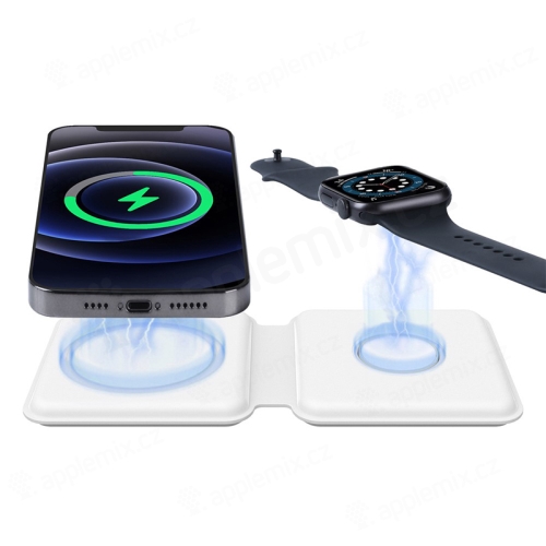2v1 bezdrátová nabíječka Qi / nabíjecí podložka pro Apple iPhone / Watch - podpora MagSafe - cestovní - bílá