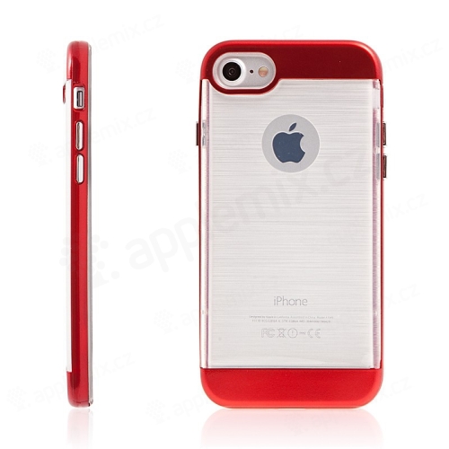 Kryt SLiCOO pro Apple iPhone 7 / 8 gumový / červený plastový rámeček - broušený vzor - průhledný