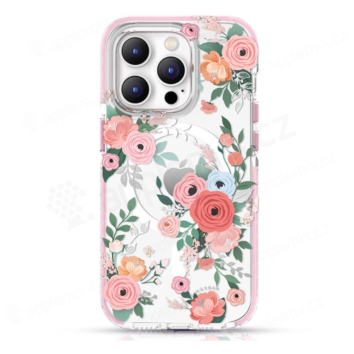 Kryt KINGXBAR Flora pro Apple iPhone 14 Pro - podpora MagSafe - plastový / gumový - květiny - růžový