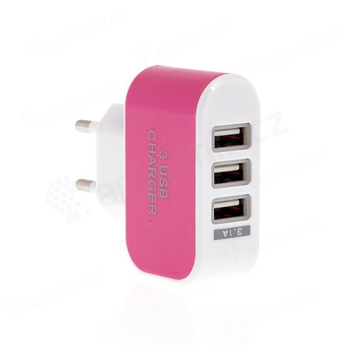 EU napájecí adaptér / nabíječka s 3 USB porty (3.1A) - růžová