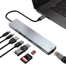Přepojka / adaptér / rozbočovač - USB-C na 2x USB-A + HDMI + SD / Micro SD + ethernet - stříbrná