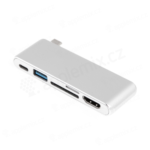 Redukce / adaptér USB-C na USB-C + USB-A 3.0 + SD + MicroSD + HDMI - bez kabelu - kovová - stříbrná
