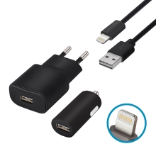 3v1 nabíjecí sada pro FOREVER Apple zařízení - EU adaptér + autonabíječka 2x USB + kabel Lightning - černá