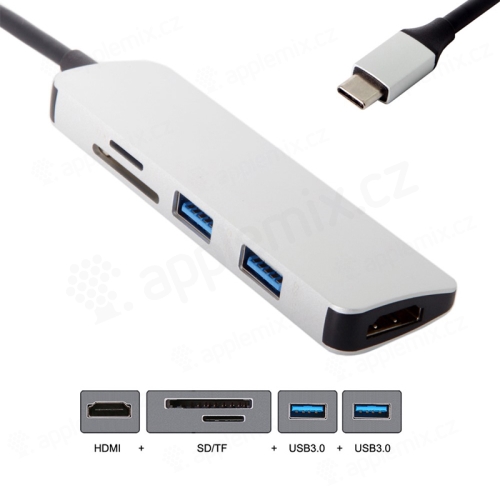 Redukcia / adaptér / rozbočovač USB-C na 2x USB-A 3.0 + SD + MicroSD + HDMI - kov - sivá