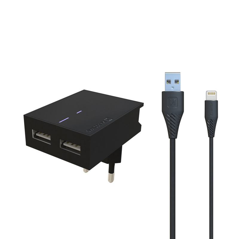 SWISSTEN nabíjecí sada 2x USB -EU adaptér a kabel Lightning - černá; 22048000