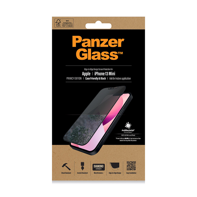 Tvrzené sklo (Tempered Glass) PANZERGLASS pro Apple iPhone 13 mini - černý rámeček - privacy - 0,4mm