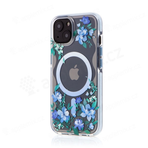 Kryt KINGXBAR Flora pre Apple iPhone 14 - Podpora MagSafe - plast/guma - kvety - modrý