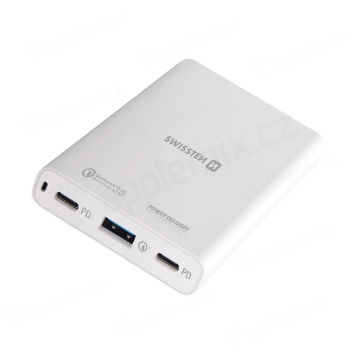 60W EU napájecí adaptér / nabíječka SWISSTEN - 2x USB-C PD + 1x USB-A pro Apple iPhone / iPad / MacBook