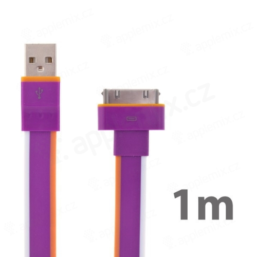 Noodle style pruhovaný synchronizační a nabíjecí USB kabel s 30pin konektorem pro Apple iPhone / iPod - fialový