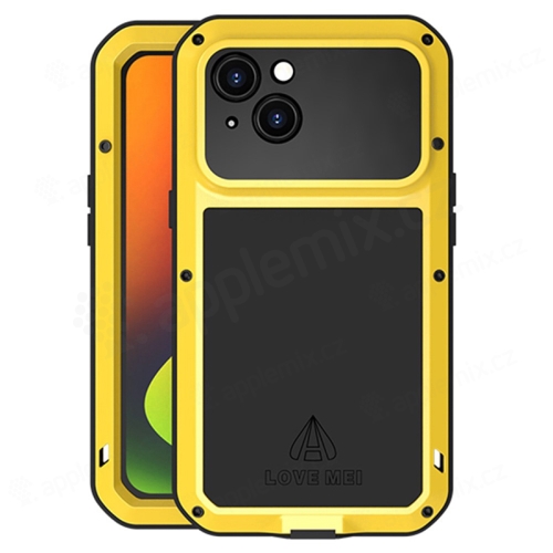 Puzdro LOVE MEI pre Apple iPhone 14 - vonkajšie - kov / silikón / tvrdené sklo - žlté