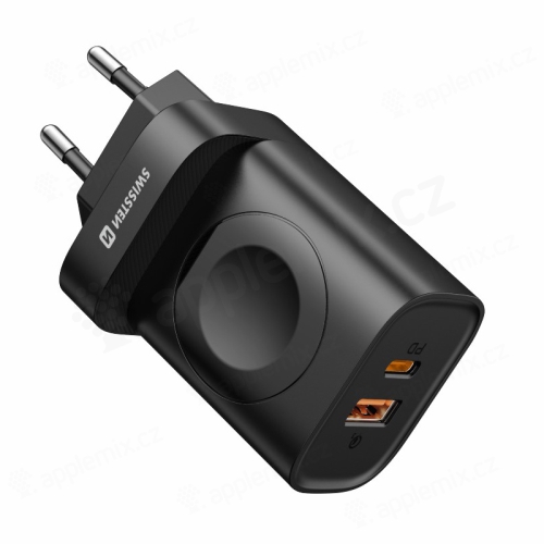 20W EU adaptér SWISSTEN - USB-A + USB-C Power Delivery + 2,5W Watch Qi - černé