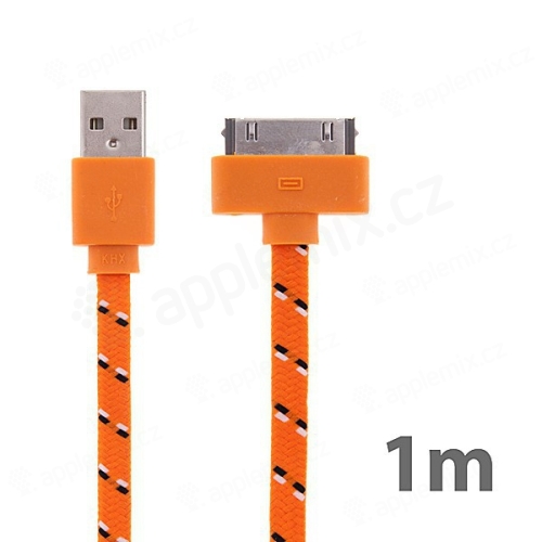 Synchronizačný a nabíjací kábel s 30pinovým konektorom pre Apple iPhone / iPad / iPod - Šnúrka - Plochý oranžový - 1 m