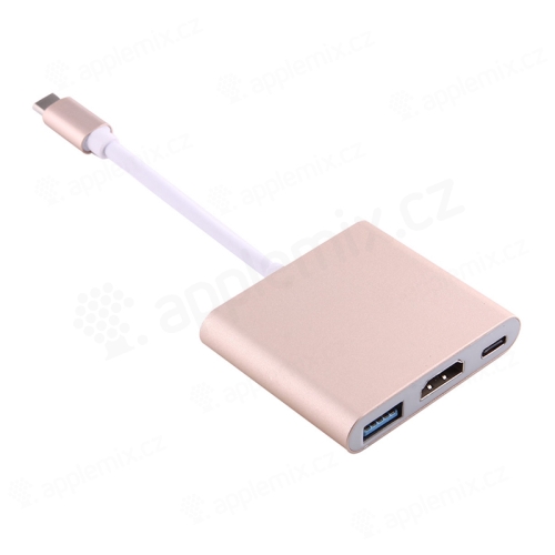 Redukcia / adaptér / rozbočovač USB-C na USB-C + USB 3.0 OTG + HDMI - zlatý